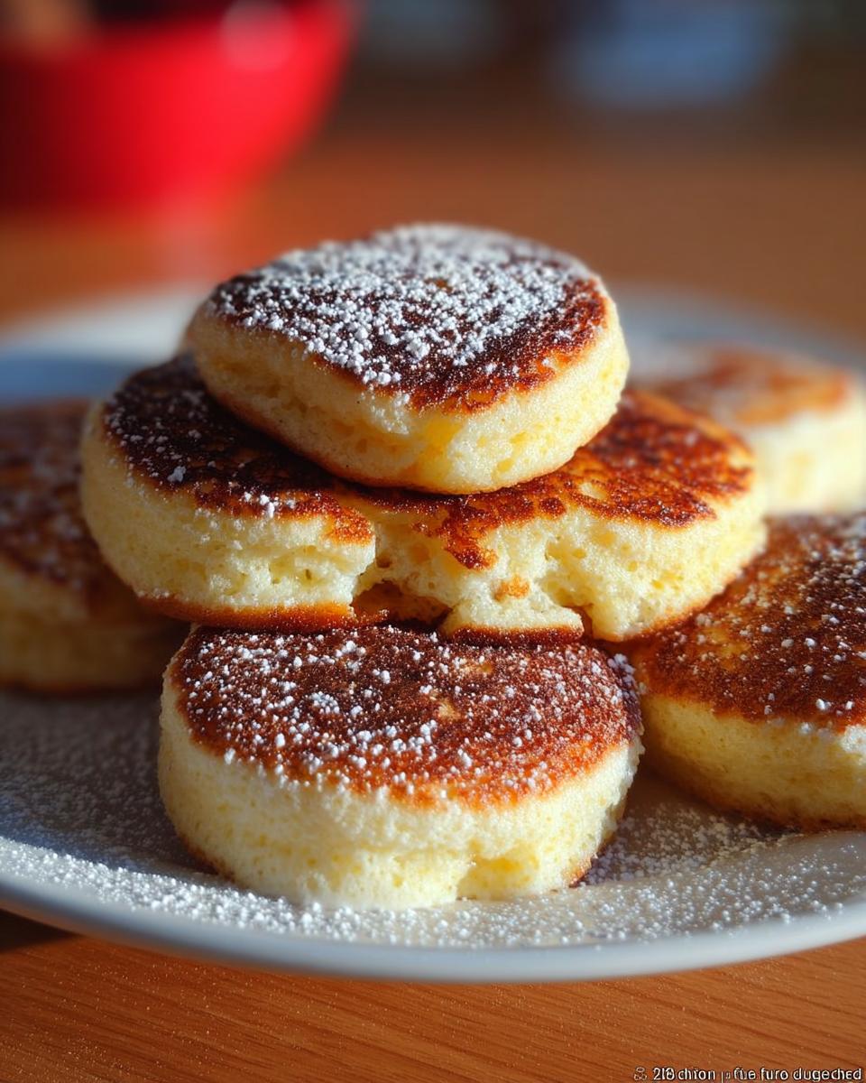 Stapel von fluffigen Quarktaler mit Grieß, goldbraun gebraten und mit Puderzucker bestreut.