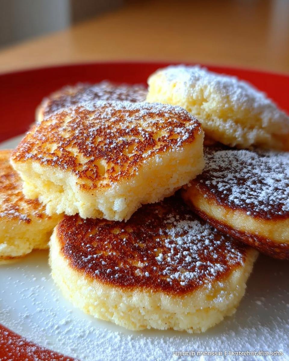 Nahaufnahme von fluffigen Quarktaler mit Grieß, goldbraun gebraten und mit Puderzucker bestreut, auf einem Teller.
