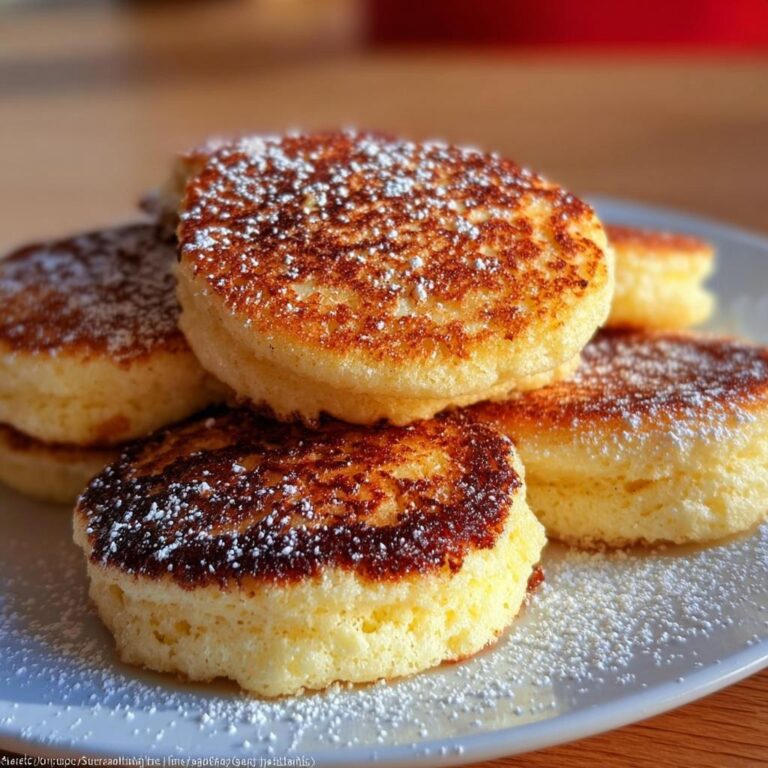 Stapel von fluffigen Quarktaler mit Grieß, bestäubt mit Puderzucker auf einem weißen Teller.