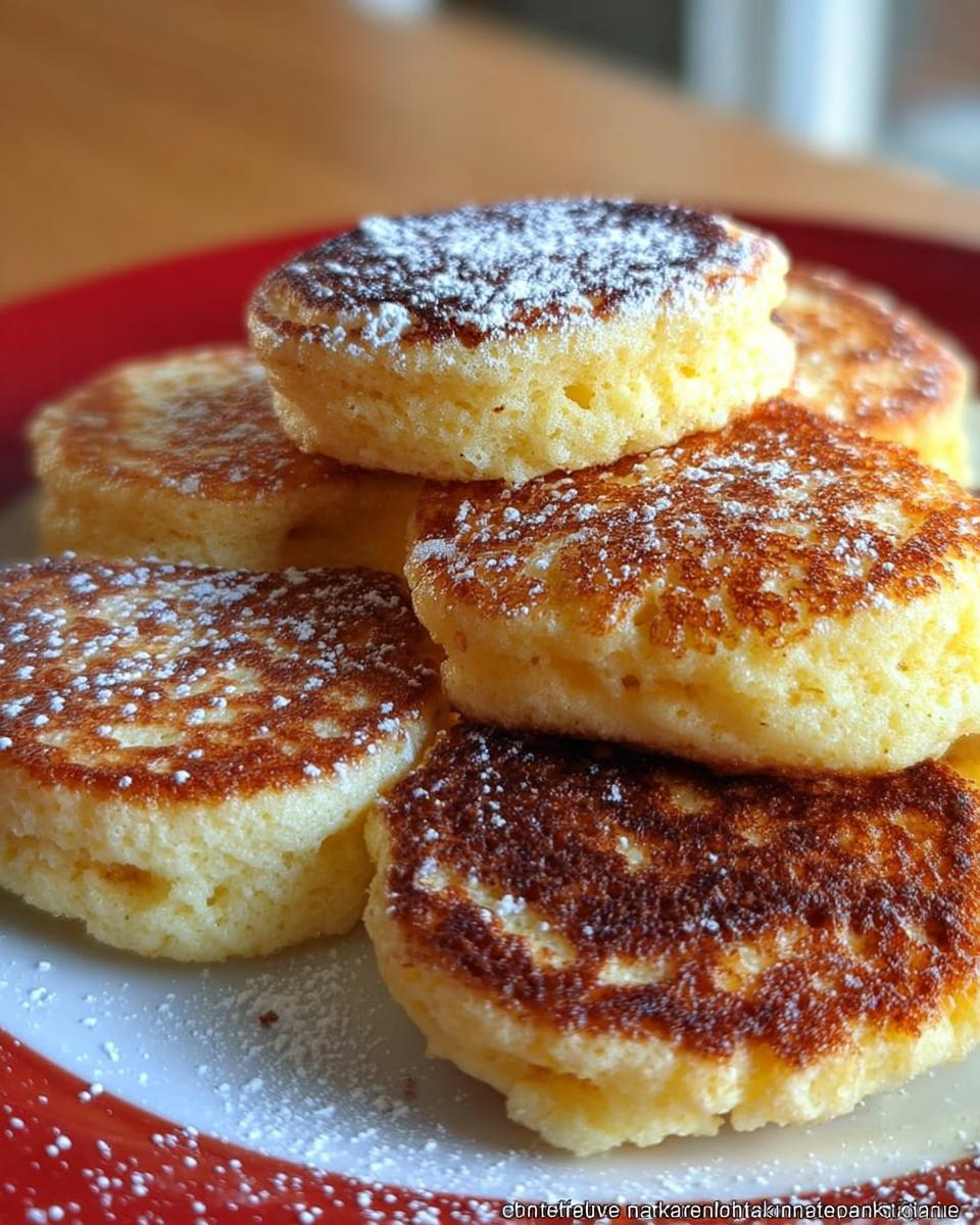 Stapel von fluffigen Quarktaler mit Grieß, goldbraun gebraten und mit Puderzucker bestreut.