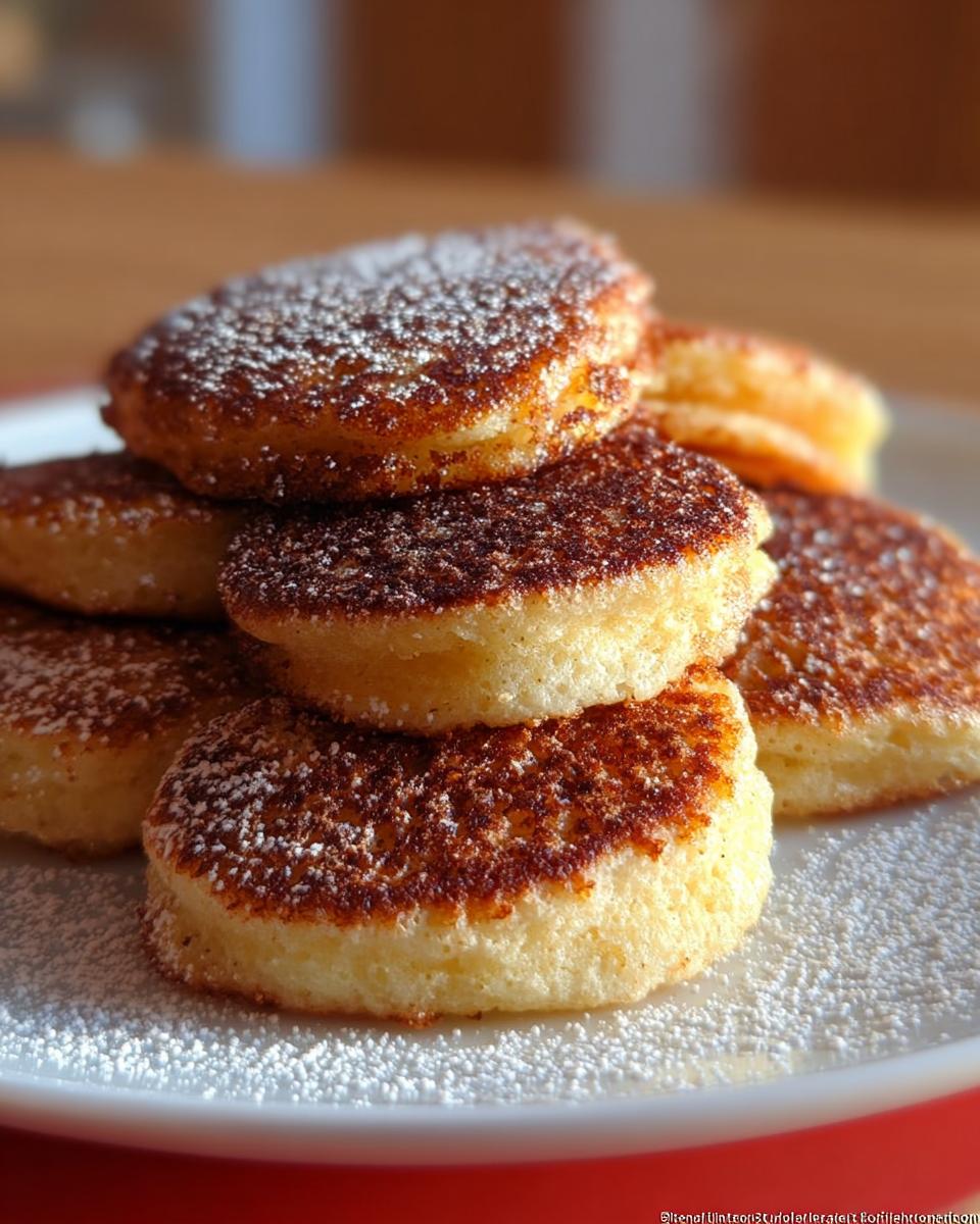 Stapel goldbraun gebratener Quarktaler mit Grieß, bestäubt mit Puderzucker auf einem weißen Teller.