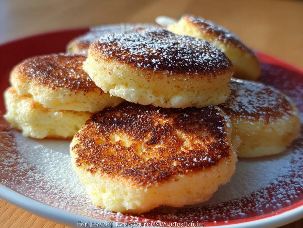 Stapel von goldbraun gebratenen Quarktaler mit Grieß, bestäubt mit Puderzucker auf einem roten Teller.