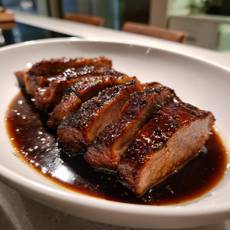 Nahaufnahme von in Scheiben geschnittenem, saftigem Räuberbraten in einer dunklen, glänzenden Soße auf einem weißen Teller.