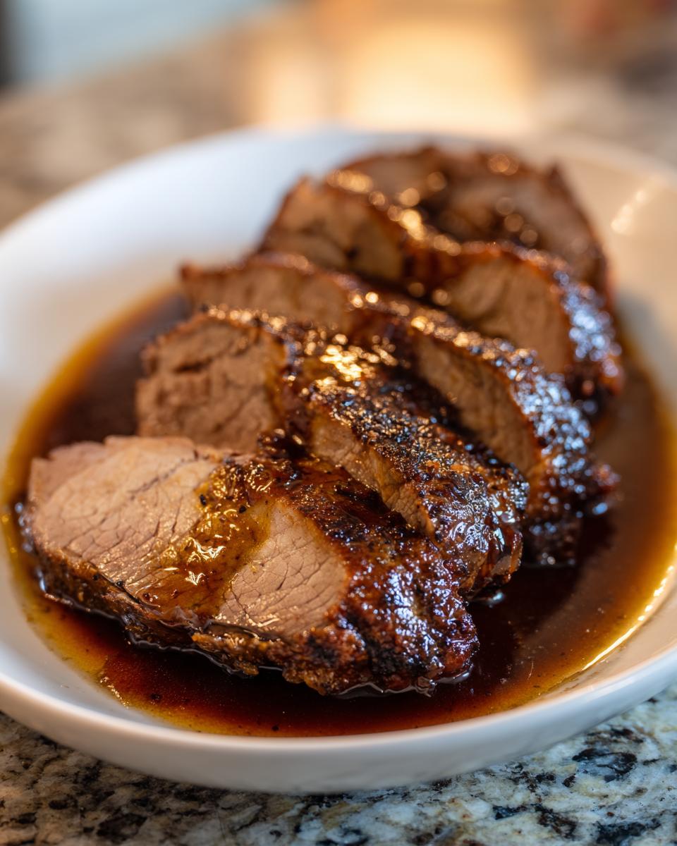 Mehrere Scheiben von saftigem Räuberbraten in dunkler Bratensauce auf einem weißen Teller.