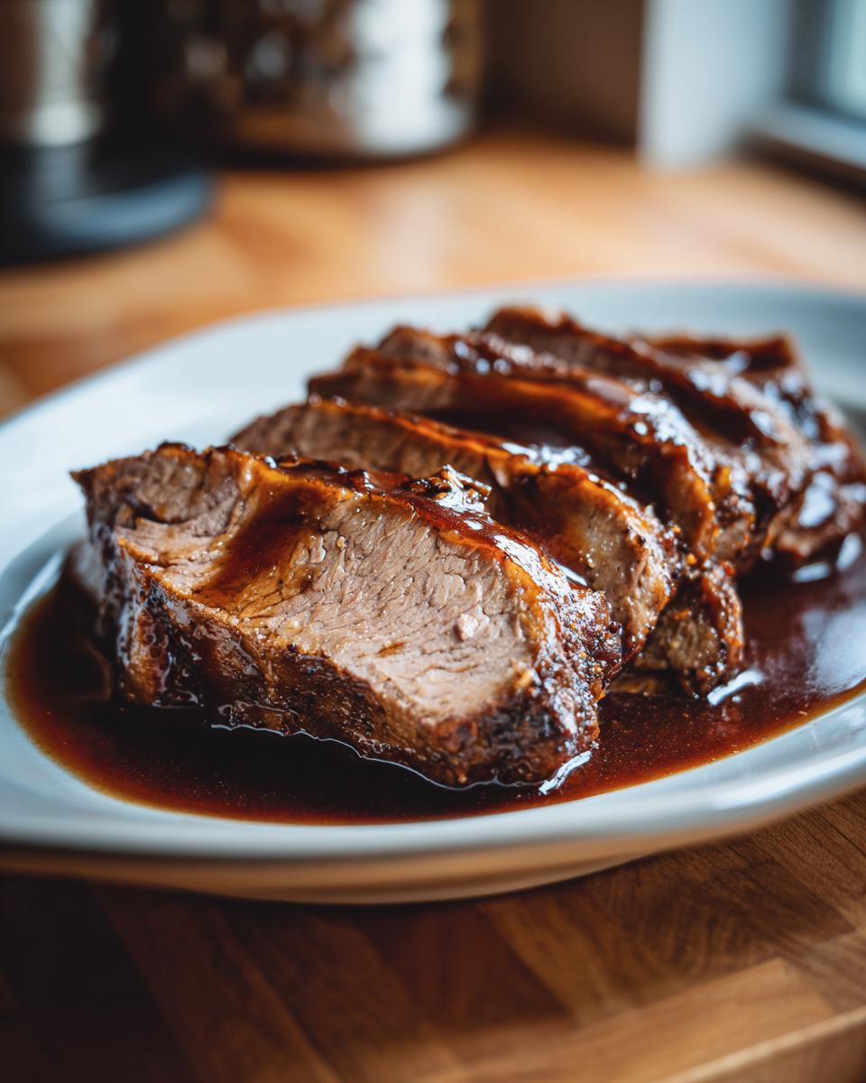 Mehrere Scheiben saftiger Räuberbraten übergossen mit dunkler Bratensauce auf einem weißen Teller.