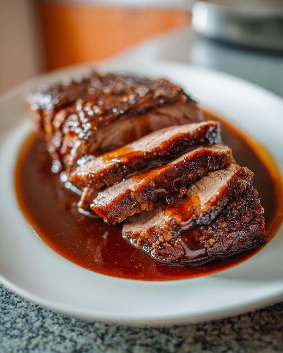 Drei Scheiben saftiger Räuberbraten mit dunkler, glänzender Soße auf einem weißen Teller.
