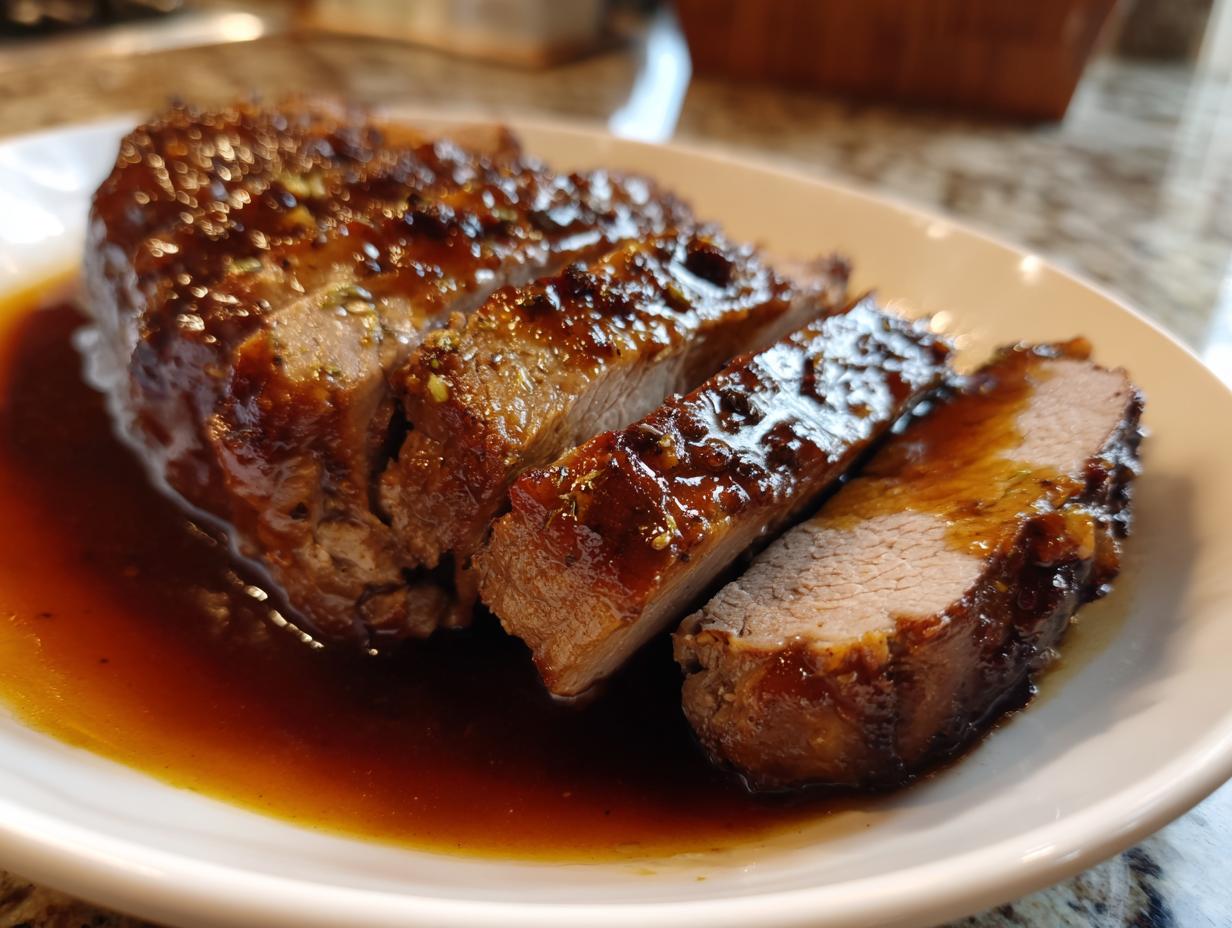 Aufgeschnittener, glasierter Räuberbraten in dunkler Bratensauce auf einem weißen Teller.