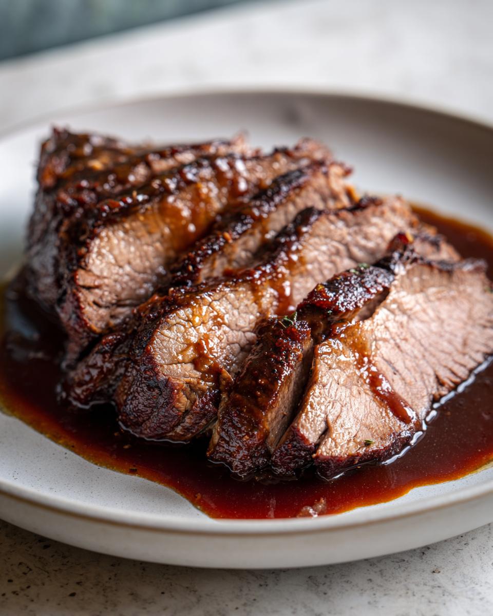 Aufgeschnittener Räuberbraten mit dunkler, glänzender Soße auf einem hellen Teller.