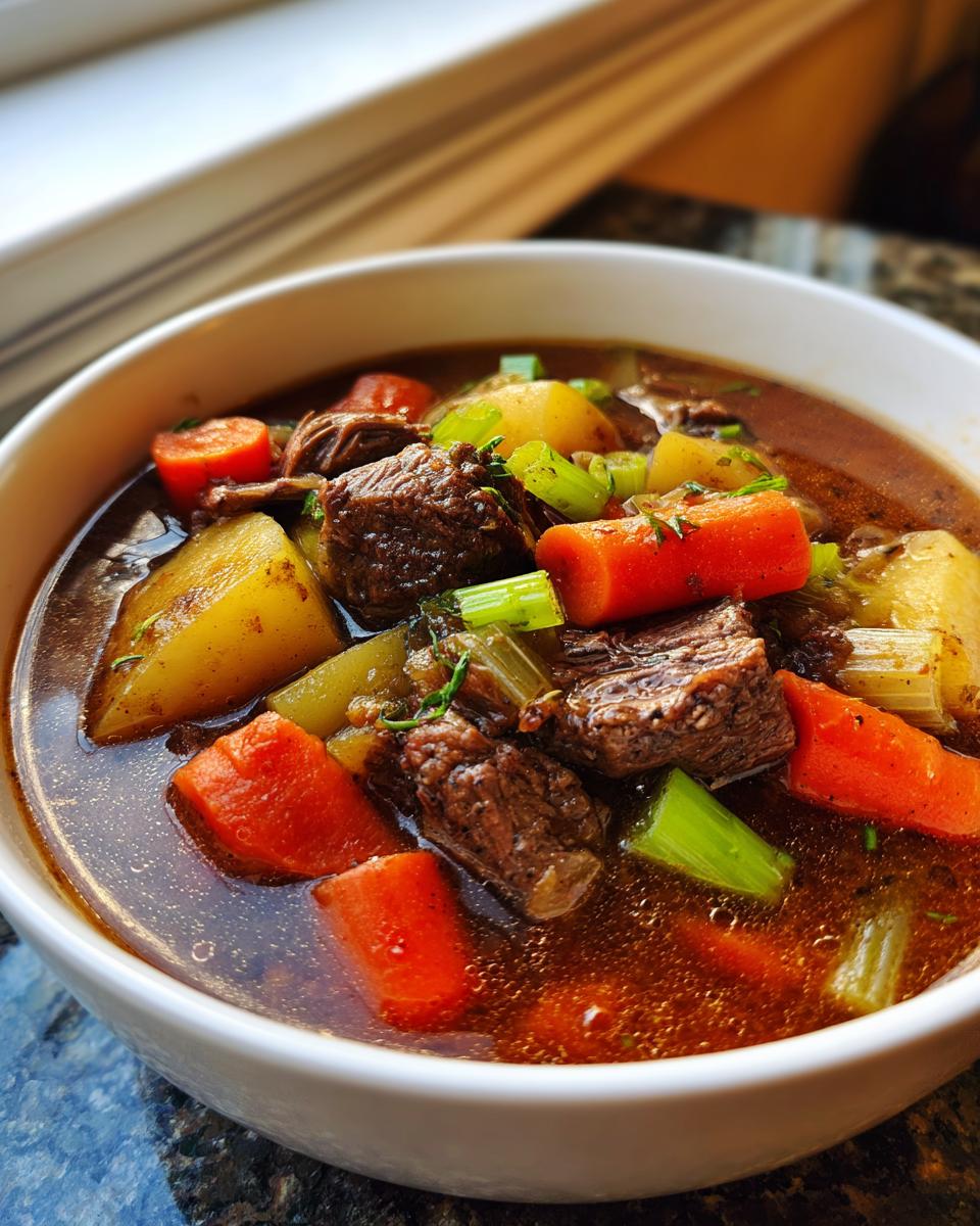 Nahaufnahme eines tiefen weißen Tellers mit herzhaftem Räubertopf nach Omas Rezept, gefüllt mit Rindfleischstücken, Karotten und Sellerie.