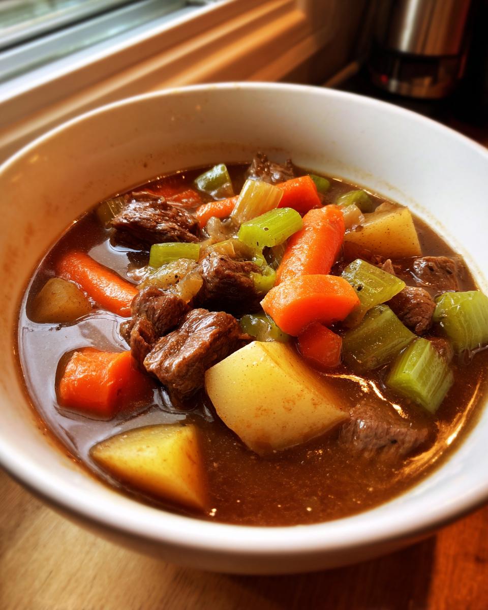 Eine Nahaufnahme von herzhaftem Räubertopf nach Omas Rezept mit großen Stücken Rindfleisch, Karotten, Sellerie und Kartoffeln in dunkler Sauce.