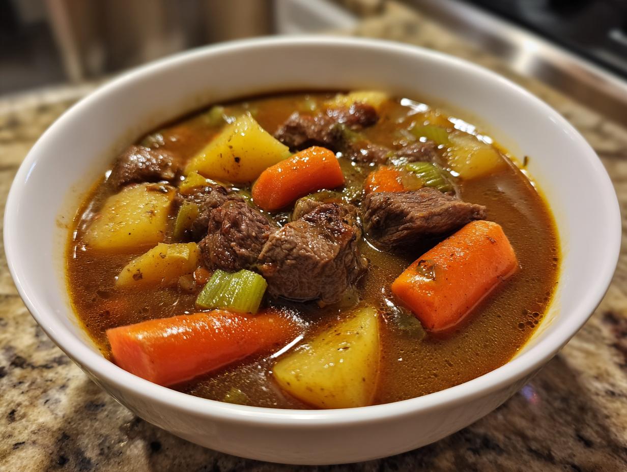 Nahaufnahme von herzhaftem Räubertopf nach Omas Rezept mit großen Fleischstücken, Karotten und Kartoffeln in einer tiefen, weißen Schüssel.