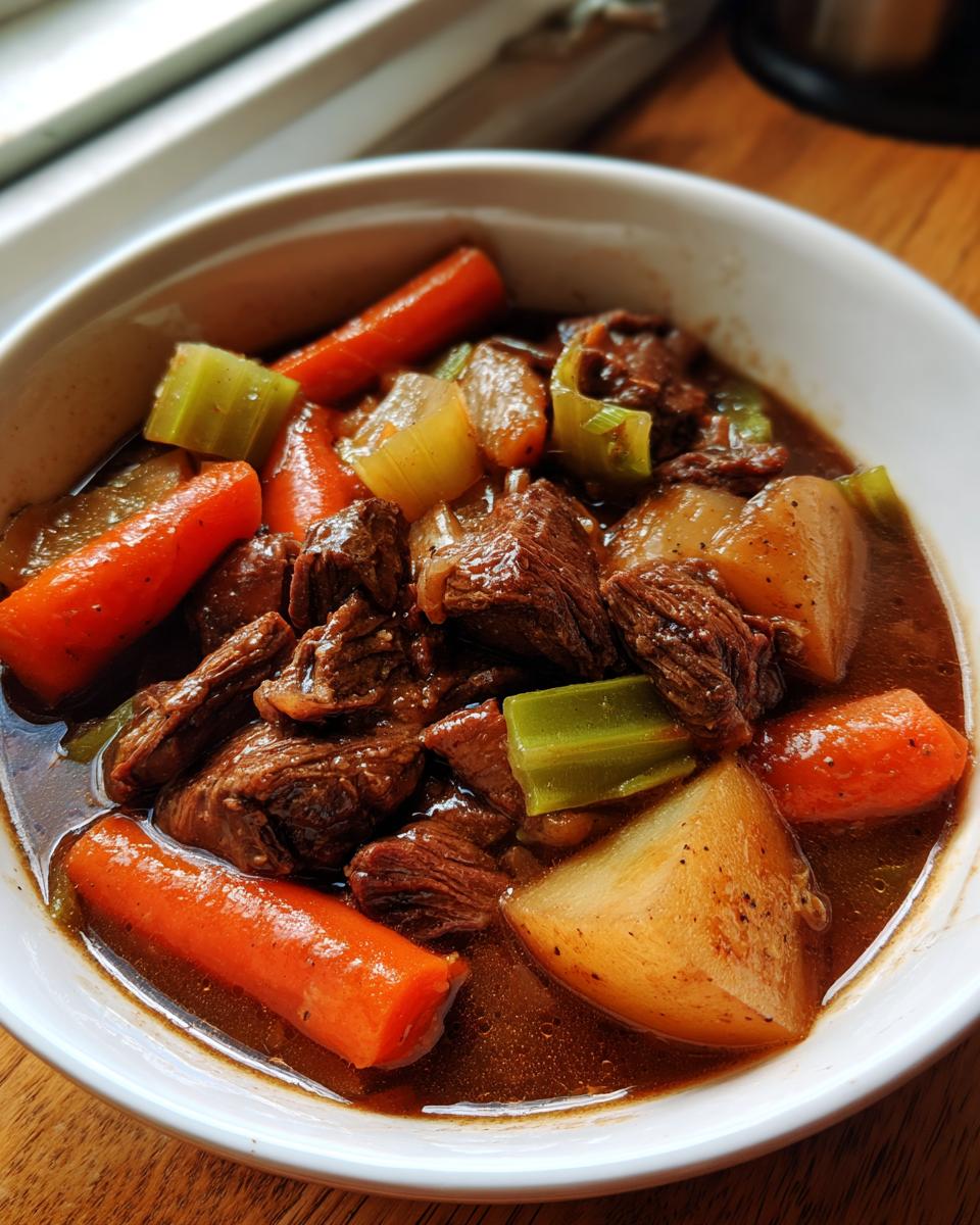 Nahaufnahme von einem Schälchen mit herzhaftem Räubertopf nach Omas Rezept, gefüllt mit Fleischstücken, Karotten und Kartoffeln in dunkler Soße.