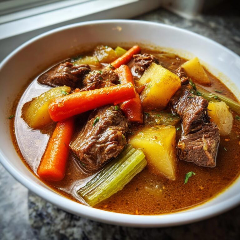 Nahaufnahme einer Schüssel mit herzhaftem Räubertopf nach Omas Rezept, gefüllt mit Fleischstücken, Karotten und Kartoffeln in dunkler Soße.