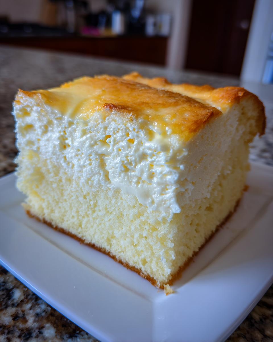 Ein dickes Stück Rahmkuchen Rezept Der Immer Gelingt mit cremiger Füllung und goldbrauner Kruste auf einem weißen Teller.