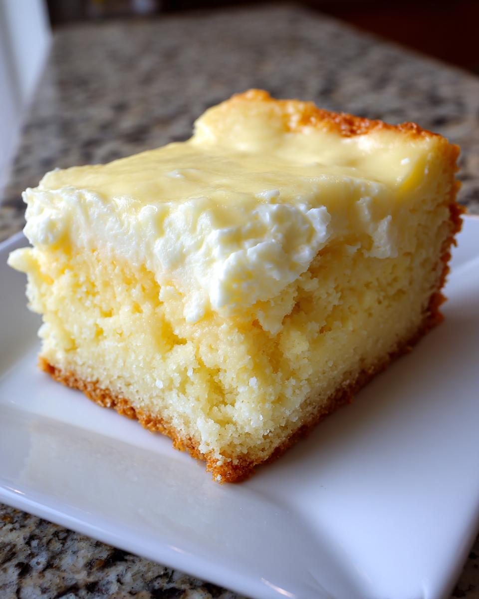 Ein saftiges Stück Rahmkuchen Rezept Der Immer Gelingt mit cremiger, gelber Glasur auf einem weißen Teller.