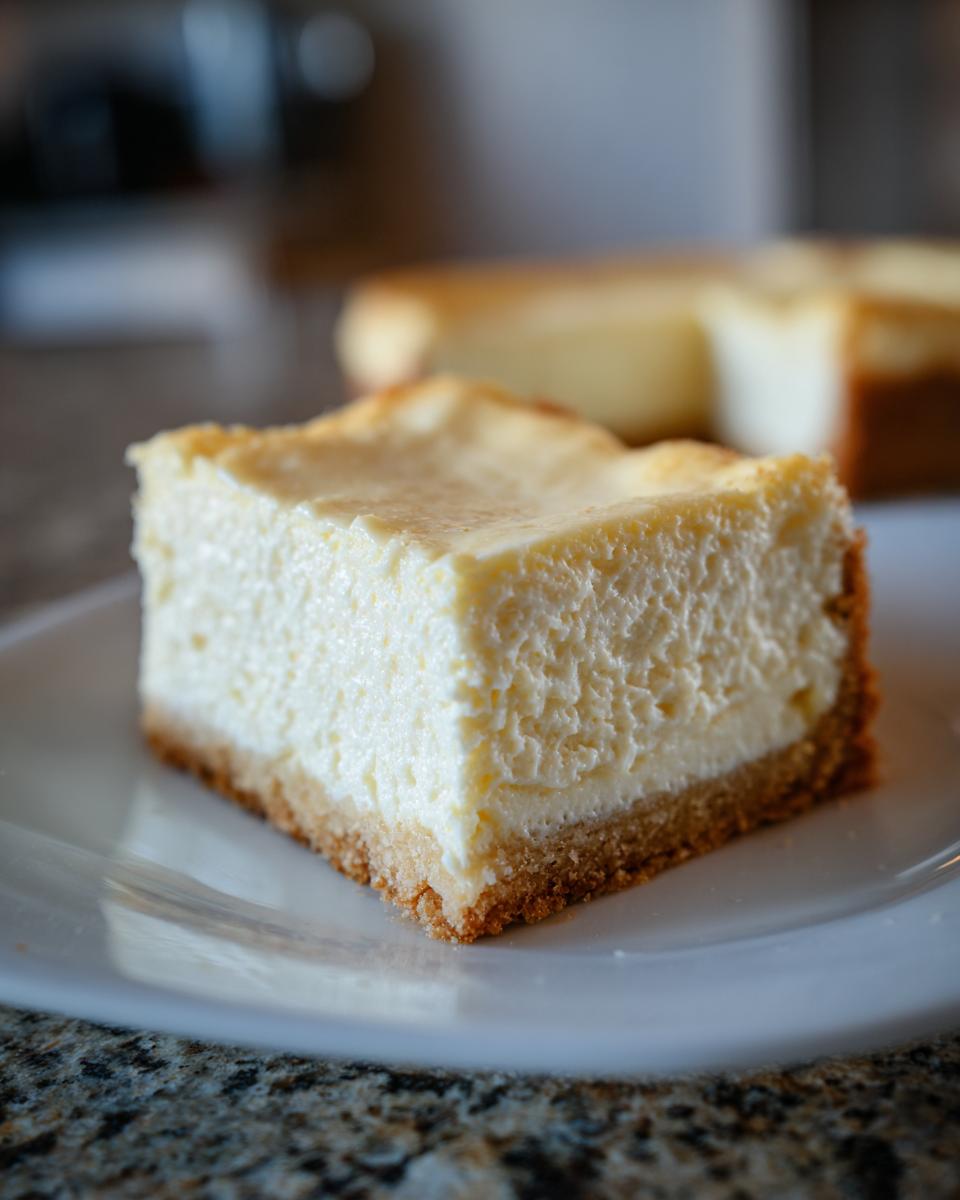 Ein cremiges Stück Rahmkuchen Rezept Der Immer Gelingt mit knusprigem Boden auf einem weißen Teller.