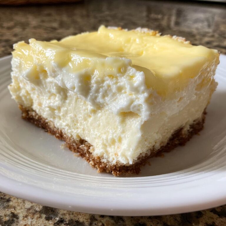 Ein saftiges Stück Rahmkuchen Rezept Der Immer Gelingt mit Keksboden und cremiger Füllung auf einem weißen Teller.