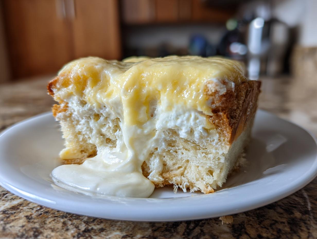 Ein Stück saftiger Rahmkuchen Rezept Der Immer Gelingt mit dicker, cremiger Sahnehaube auf einem weißen Teller.