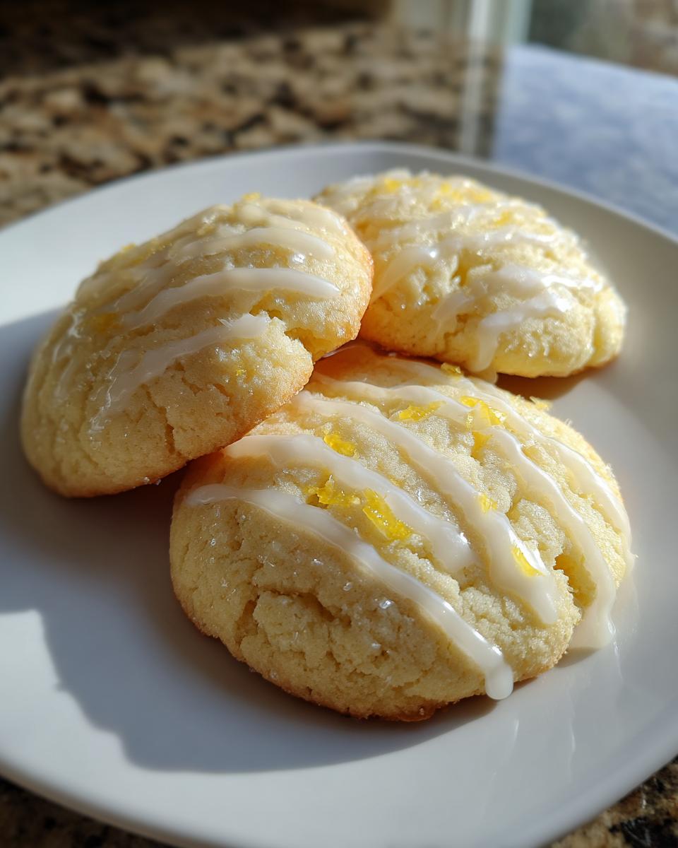 Drei weiche Zitronenkekse mit weißem Zuckerguss und gelben Zitronenzesten auf einem weißen Teller.