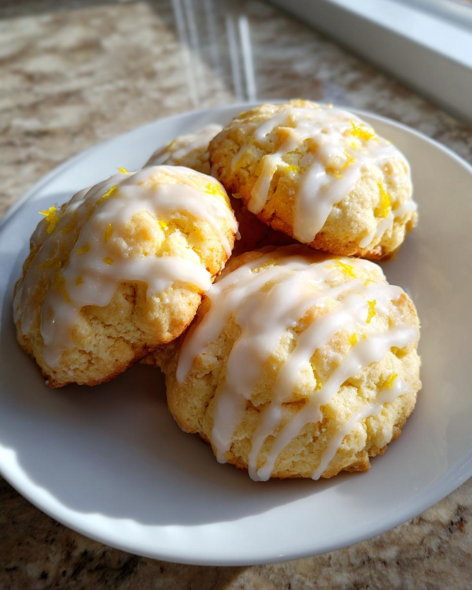 Nahaufnahme von weichen Zitronenkeksen mit weißer Glasur und Zitronenschale auf einem weißen Teller.