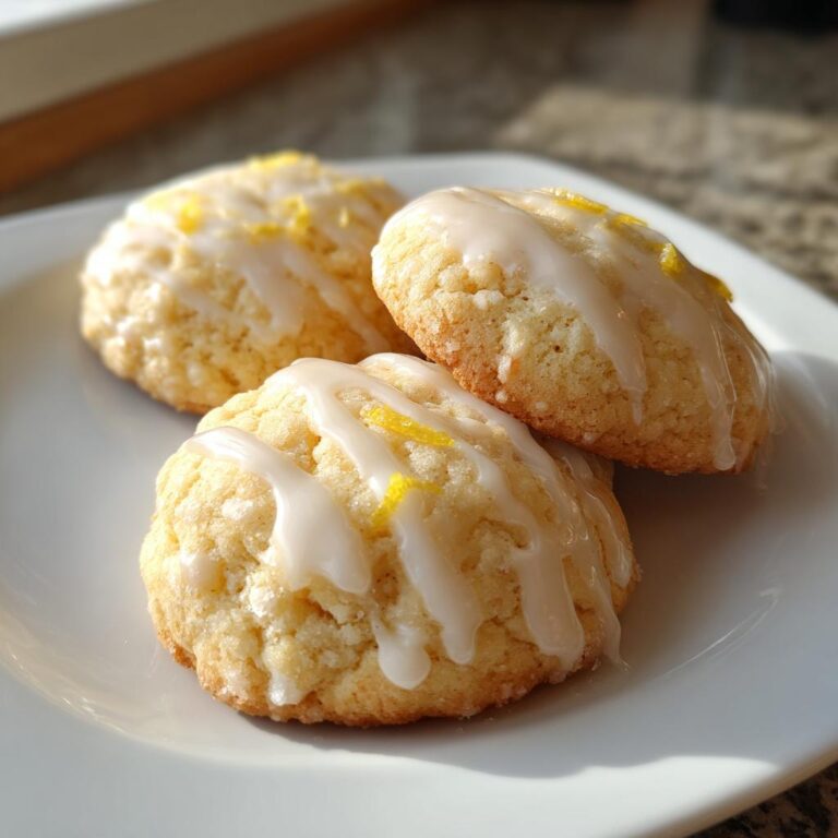 Drei weiche Zitronenkekse mit weißem Zuckerguss und Zitronenschale auf einem weißen Teller.