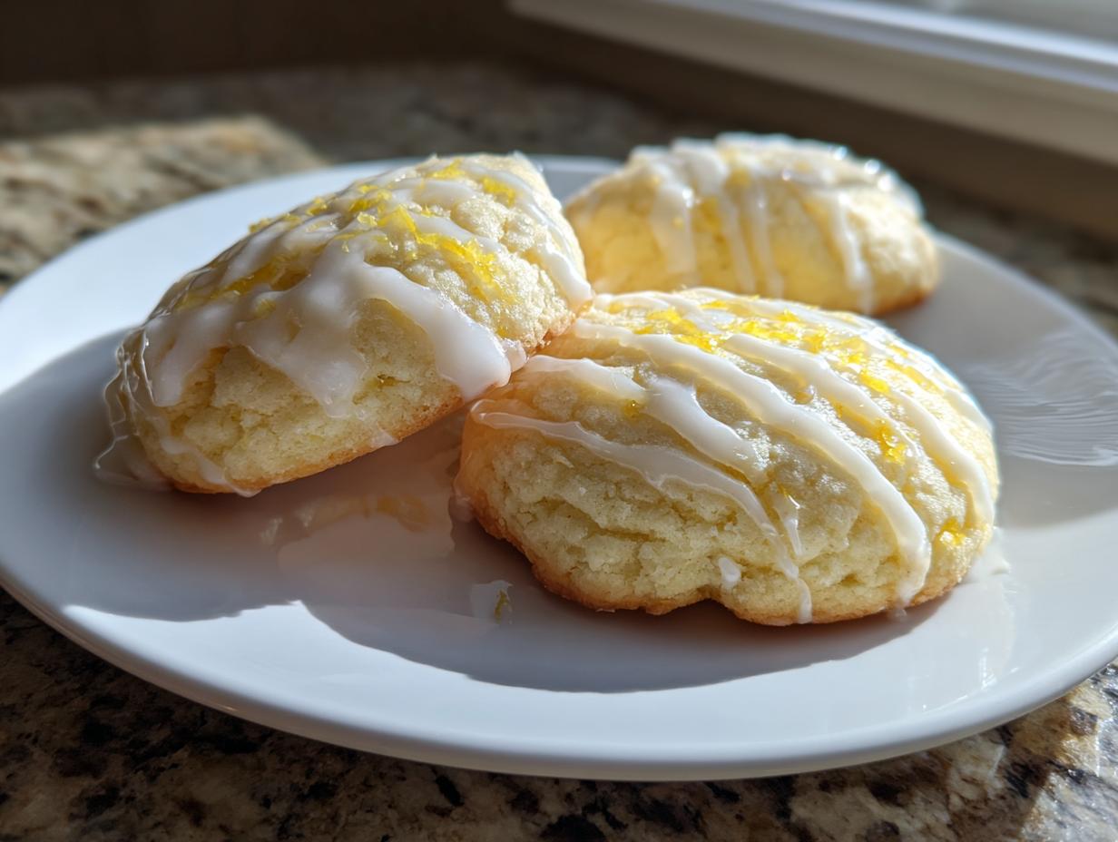 Drei weiche Zitronenkekse mit weißer Glasur und Zitronenabrieb auf einem weißen Teller.