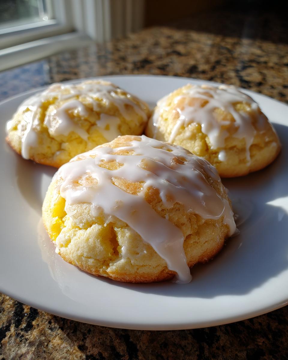 Drei weiche Zitronenkekse mit dickem weißen Zuckerguss auf einem weißen Teller, im Sonnenlicht.