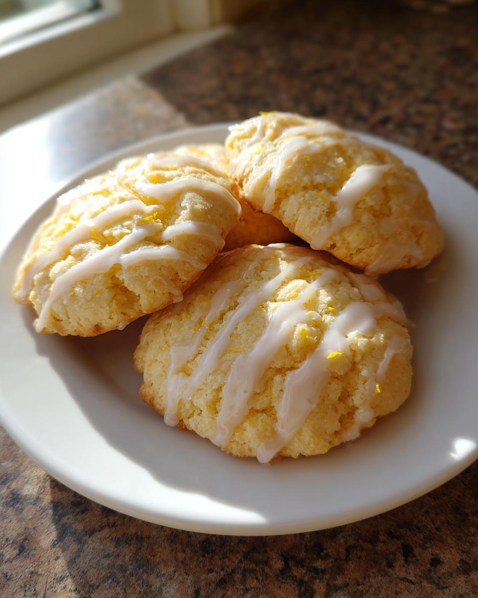 Vier weiche Zitronenkekse mit weißem Zuckerguss und Zitronenschale auf einem weißen Teller.