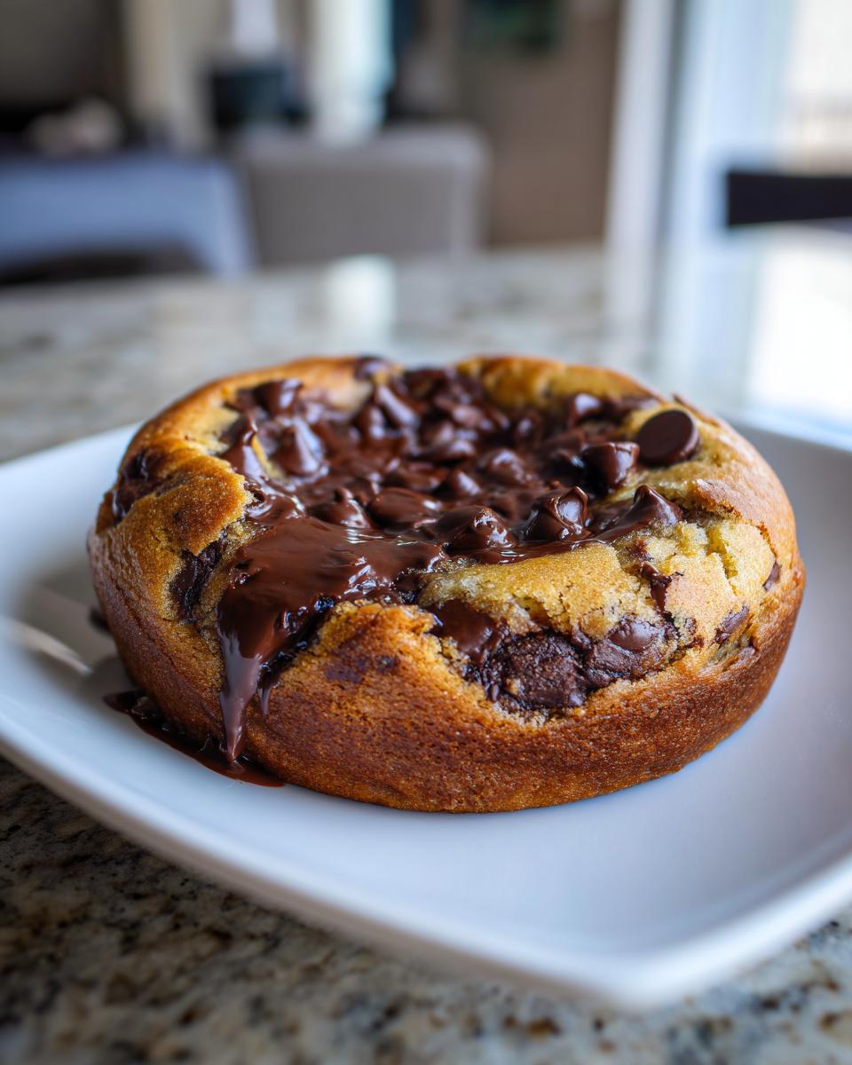 Nahaufnahme eines riesigen Schokokekses mit einem Pool aus geschmolzener Schokolade und Schokostückchen in der Mitte.