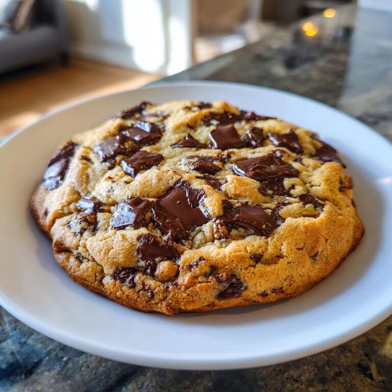 Nahaufnahme eines riesigen Schokokekses auf einem weißen Teller mit reichlich geschmolzenen Schokoladenstücken.