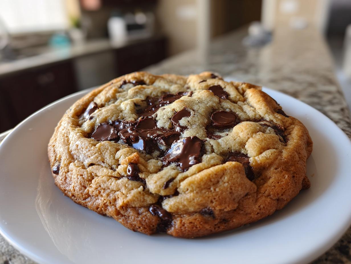 Nahaufnahme eines riesigen Schokokeks mit geschmolzenen Schokoladenstücken auf einem weißen Teller.