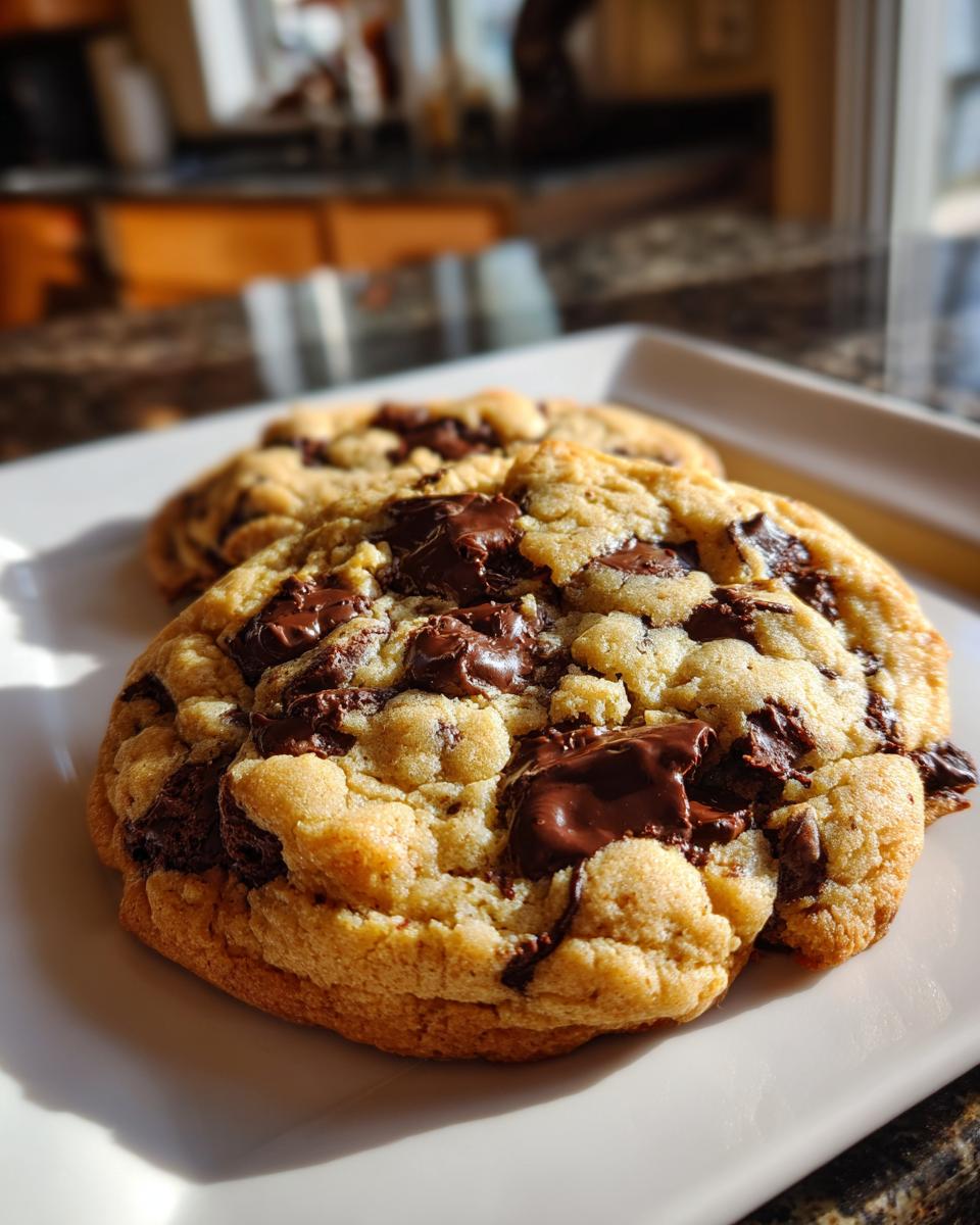Nahaufnahme von zwei großen, weichen Riesige Schokokekse mit reichlich geschmolzener dunkler Schokolade auf einem weißen Teller.