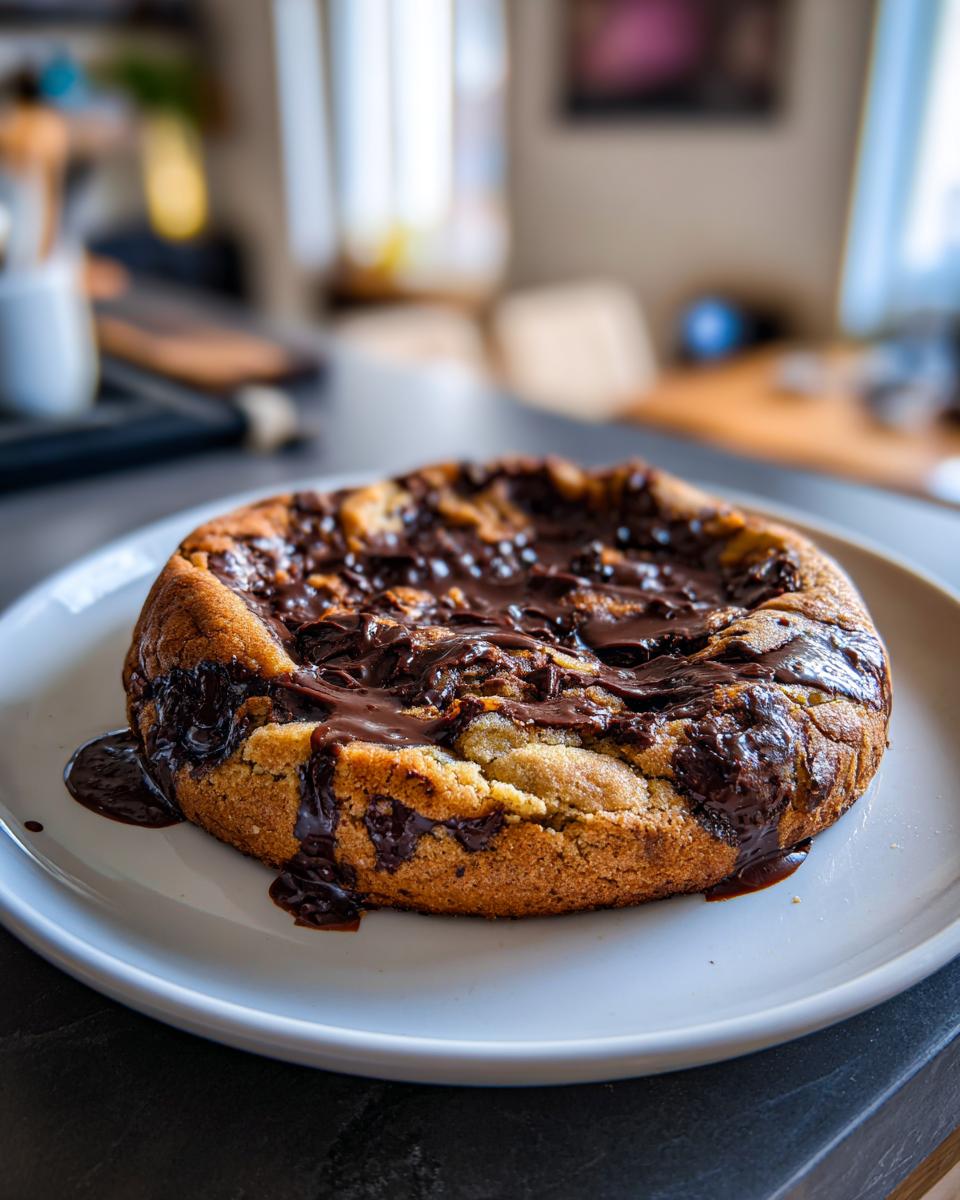 Ein einzelner, runder Riesige Schokokekse mit reichlich geschmolzener dunkler Schokolade auf einem weißen Teller.