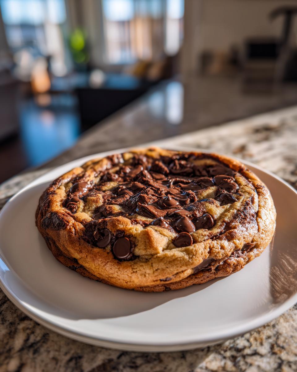 Nahaufnahme eines riesigen Schokokekses, reichlich belegt mit geschmolzener Schokolade, auf einem weißen Teller.
