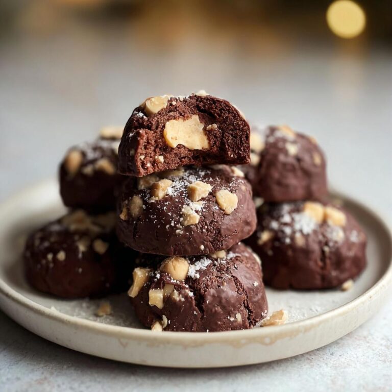 Stapel von dunklen Schokoladen-Rocher-Keksen, einer davon angeschnitten und mit einer hellen Füllung sichtbar.