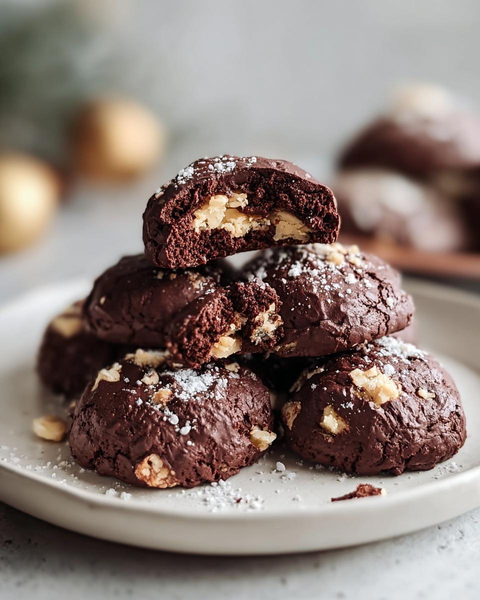 Stapel von saftigen, dunklen Rocher-Keksen, einer davon zerbrochen, um die helle Nussfüllung zu zeigen.