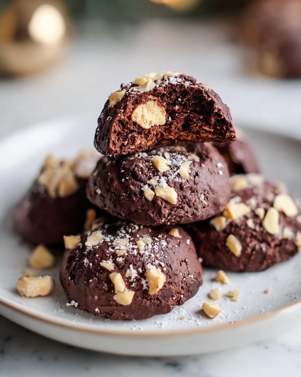 Stapel von dunklen Schokoladen-Rocher-Keksen, bestreut mit gehackten Nüssen und Puderzucker.