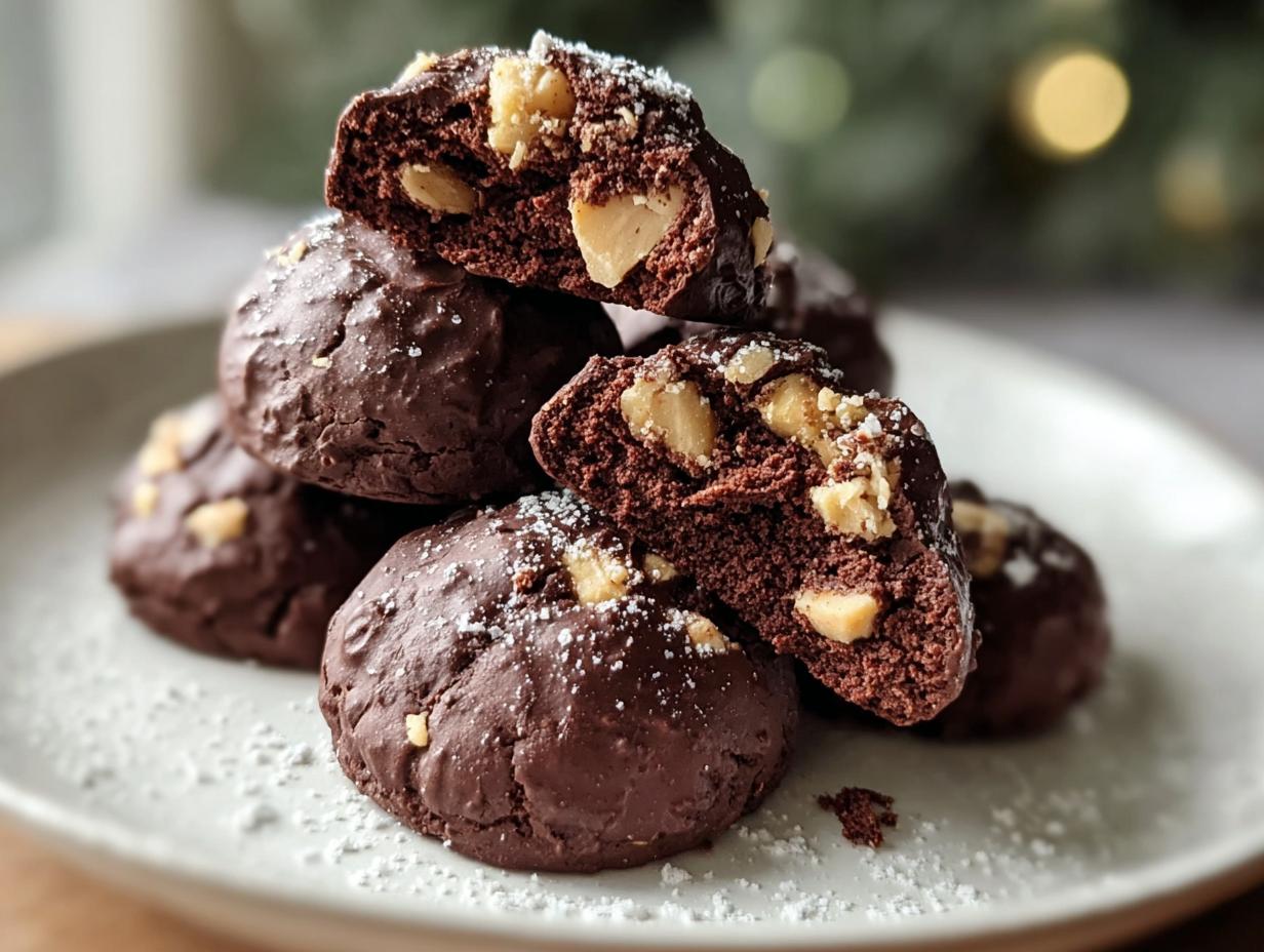 Stapel von dunklen, schokoladigen Rocher-Keksen, einer davon halbiert, um die nussige Füllung zu zeigen.