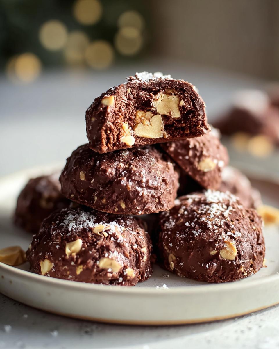 Ein Stapel dunkler Rocher-Kekse, einer davon halbiert, um die Nüsse im Inneren zu zeigen.