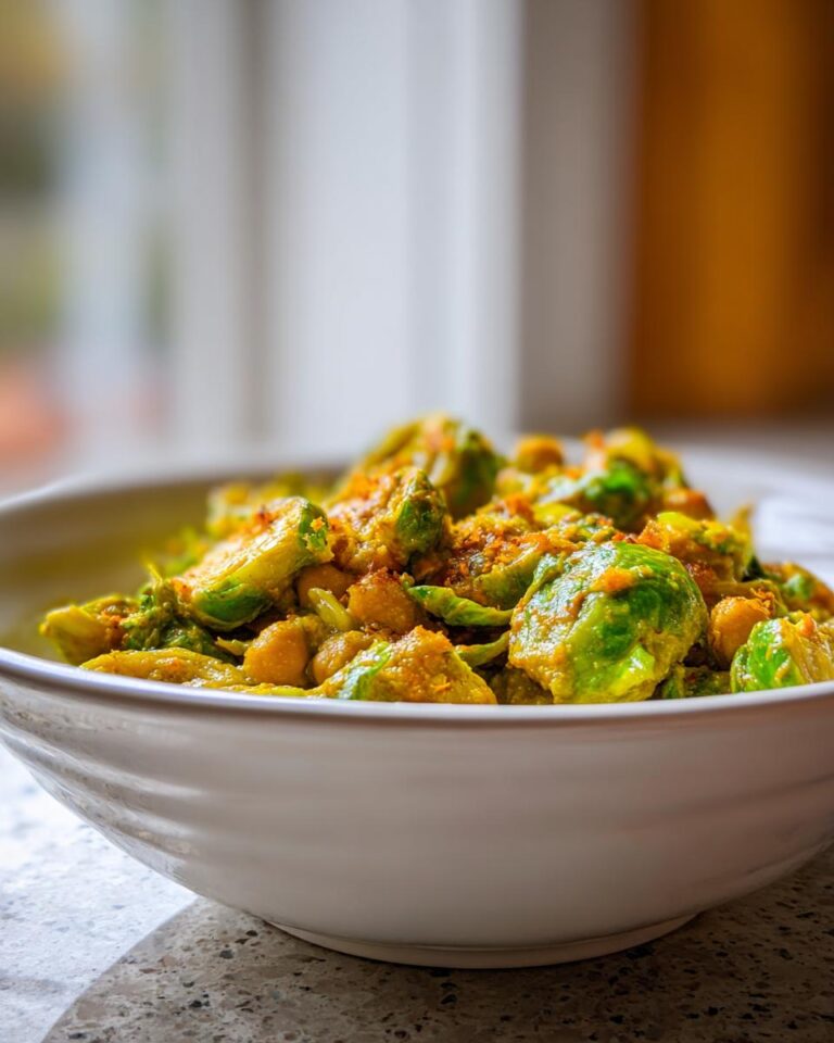 Nahaufnahme von leuchtend grünem Rosenkohl-Curry mit Kichererbsen in einer weißen Schüssel.