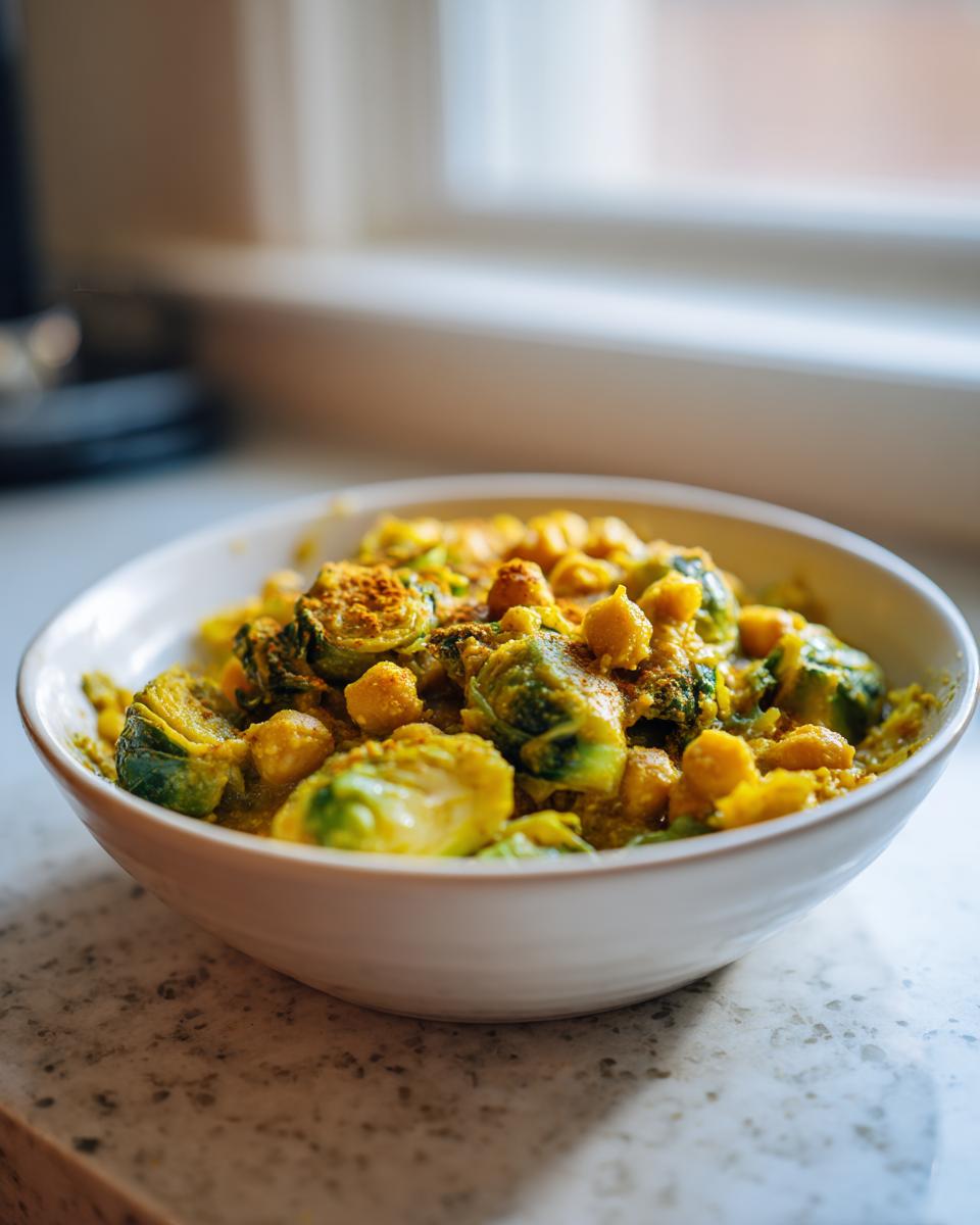 Nahaufnahme eines veganen Rosenkohl-Curry mit Kichererbsen in einer weißen Schüssel.