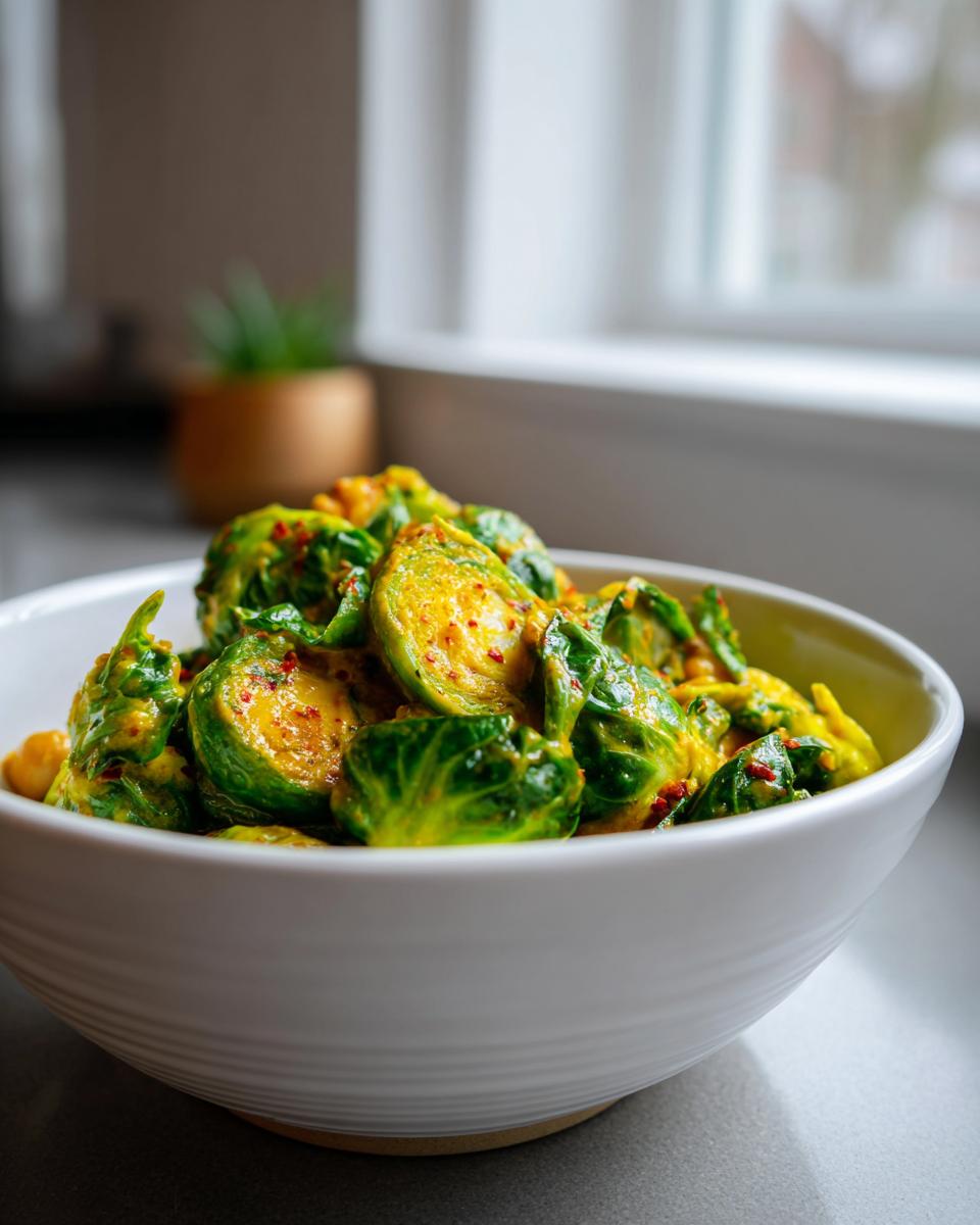 Nahaufnahme von leuchtend grünem Rosenkohl-Curry mit Kichererbsen in einer weißen Schüssel, bedeckt mit gelber Currysauce.