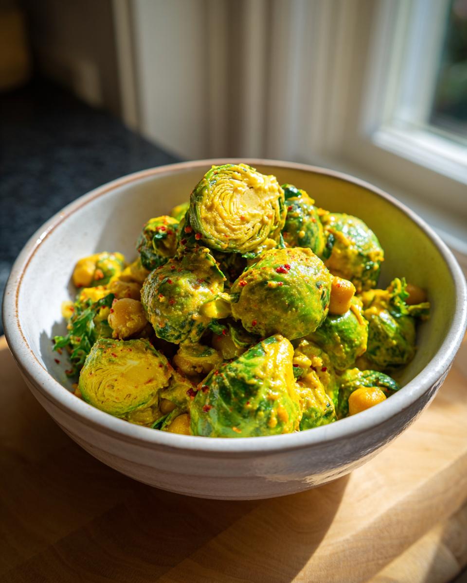 Nahaufnahme von leuchtend grünem Rosenkohl-Curry mit Kichererbsen in einer hellen Schale, bestreut mit roten Gewürzflocken.