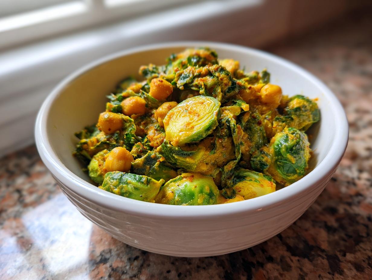 Nahaufnahme von Rosenkohl-Curry mit Kichererbsen in einer weißen Schüssel auf einer gemusterten Arbeitsplatte.