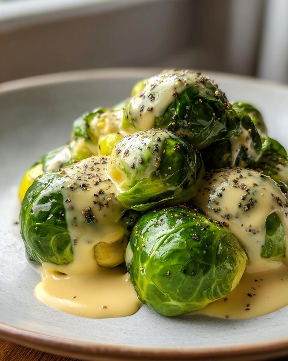 Nahaufnahme von grünem Rosenkohl übergossen mit cremiger Frischkäse-Senfsauce und schwarzem Pfeffer.