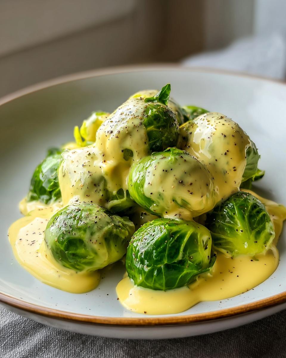 Gedämpfter Rosenkohl übergossen mit cremiger Frischkäse-Senfsauce und schwarzem Pfeffer.