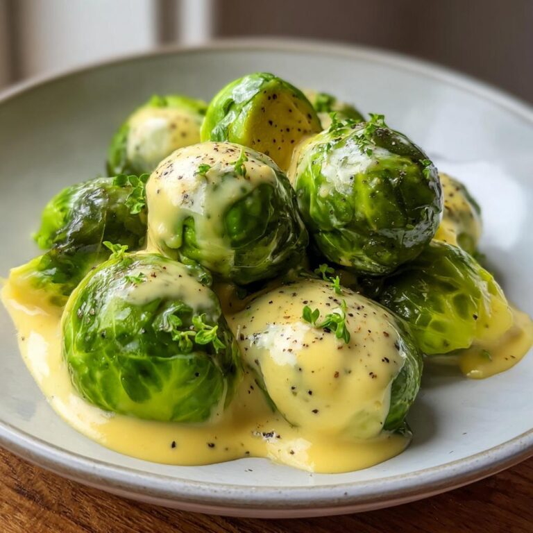 Gedämpfter Rosenkohl übergossen mit cremiger Frischkäse-Senfsauce und Pfeffer.
