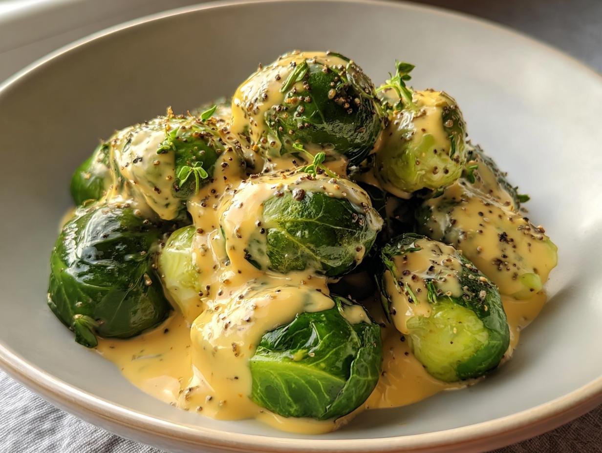 Gedämpfter Rosenkohl übergossen mit cremiger Frischkäse-Senfsauce und Senfkörnern.