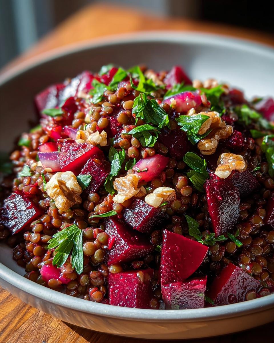 Nahaufnahme eines gesunden Rote Bete Linsen Salat mit leuchtend roten Rote-Bete-Stücken, Linsen, Walnüssen und frischer Petersilie.