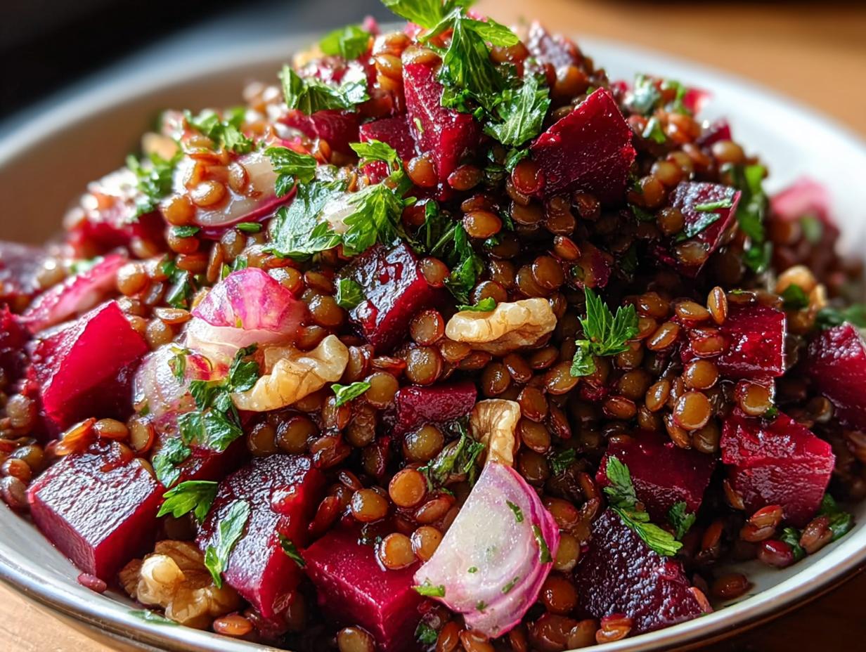 Nahaufnahme von Rote Bete Linsen Salat mit gewürfelter roter Bete, braunen Linsen, Walnüssen und frischer Petersilie.